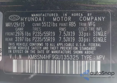 2016 Hyundai Santa Fe Limited из США, поврежденный, VIN KM8SN4HF9GU135325